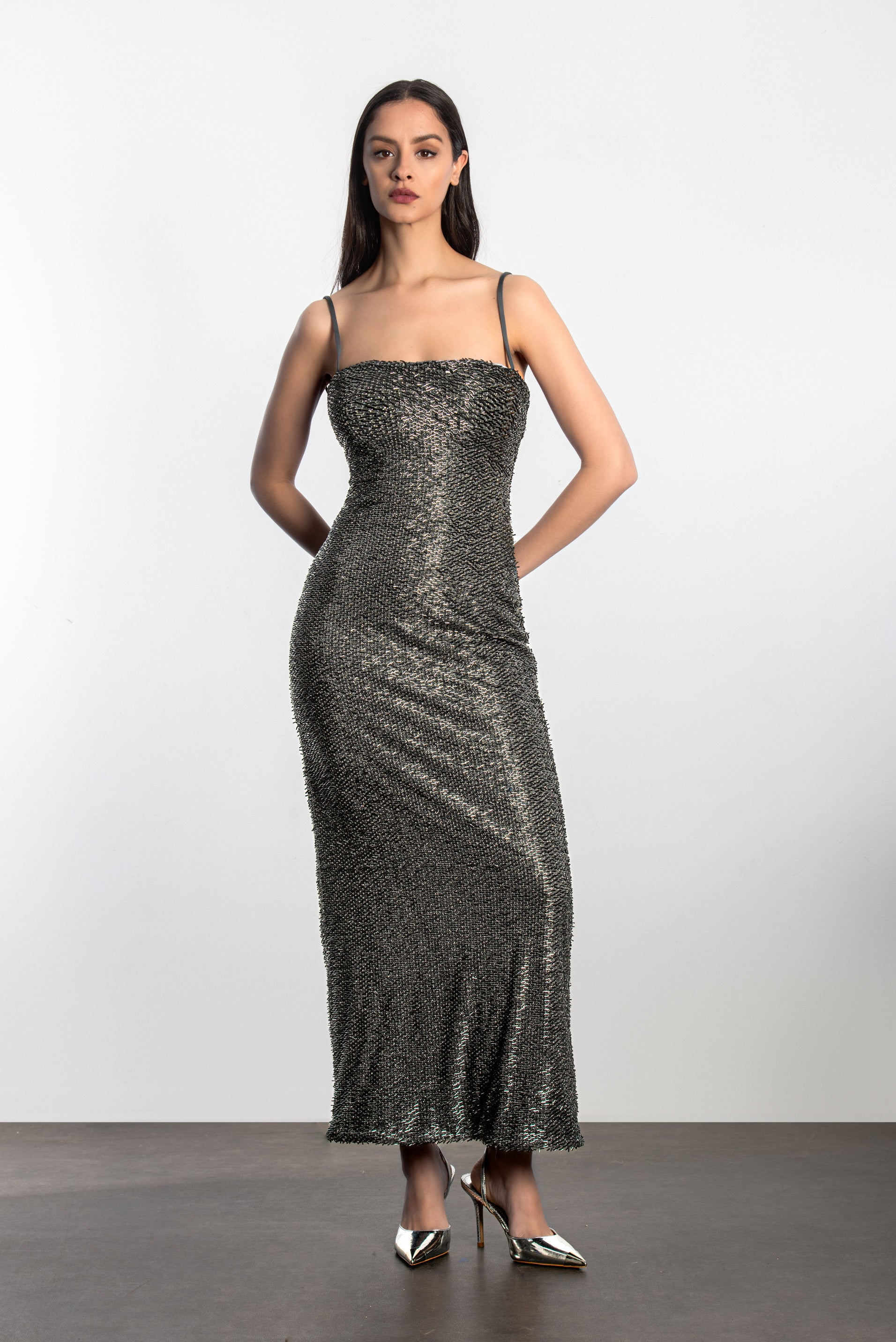 silver beaded maxi dress Silver Beaded Sweetheart Mermaid Long Formal Dress with Slit Silver / 4 / Spandex