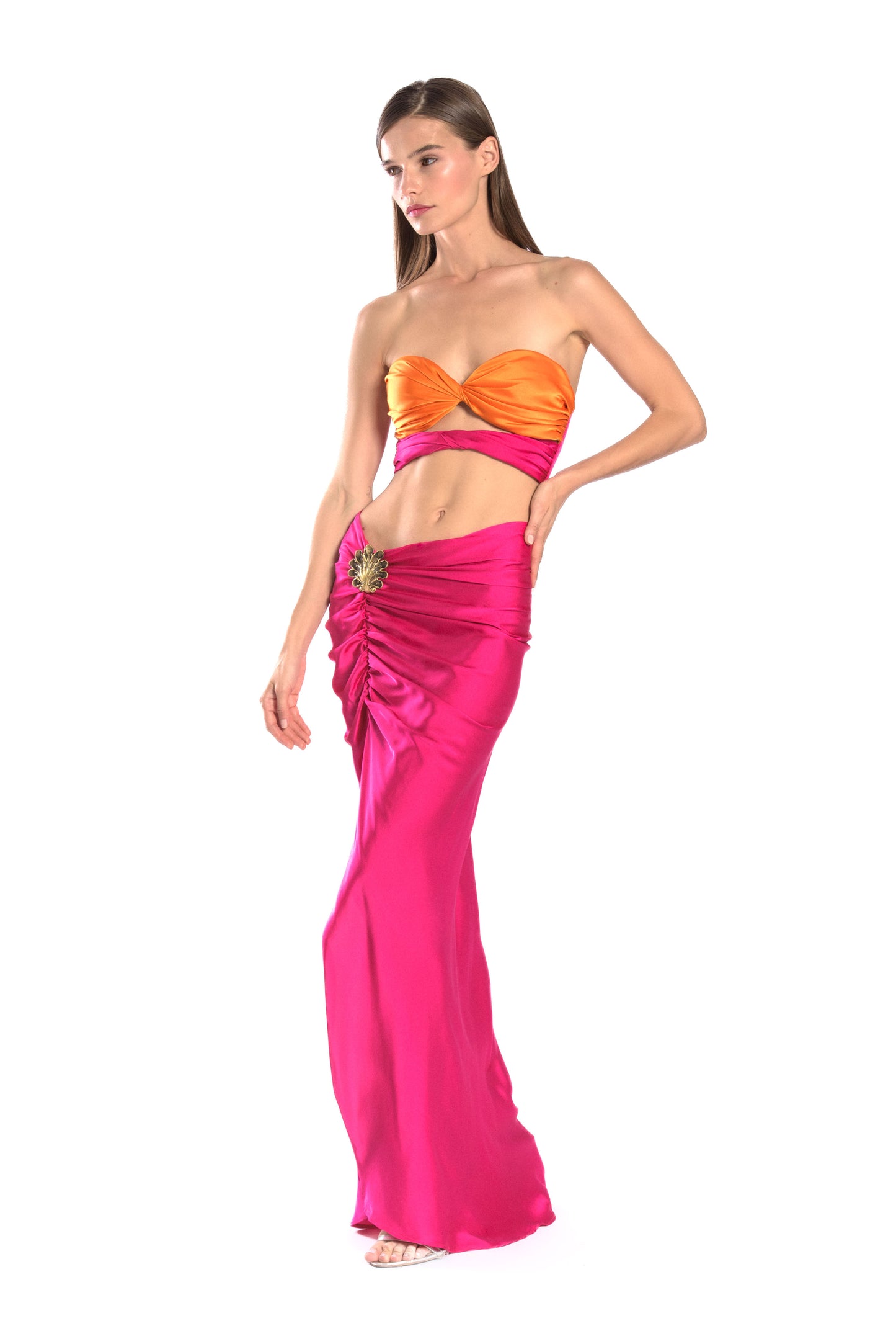 Seashell brooch silk skirt - Fuchsia