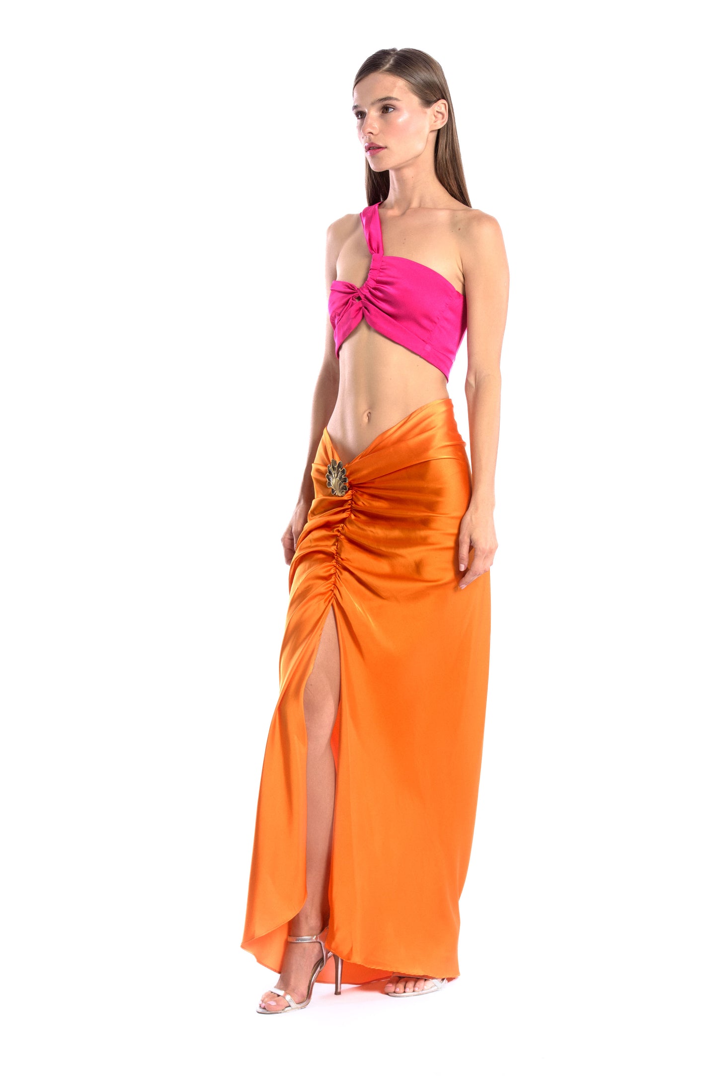 Seashell brooch silk skirt - Orange