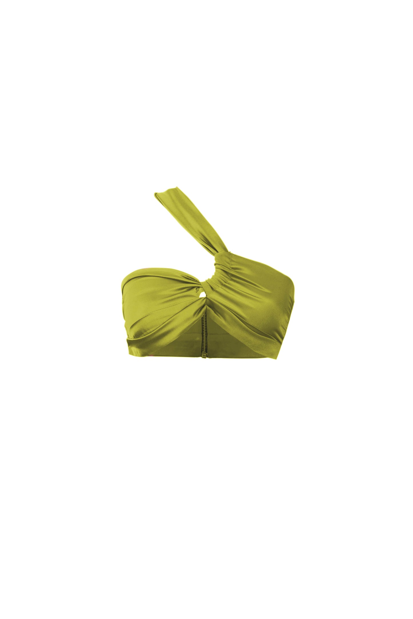 Product shot of a silk cross shoulder crop top in olive with back firefly logo golden zipper