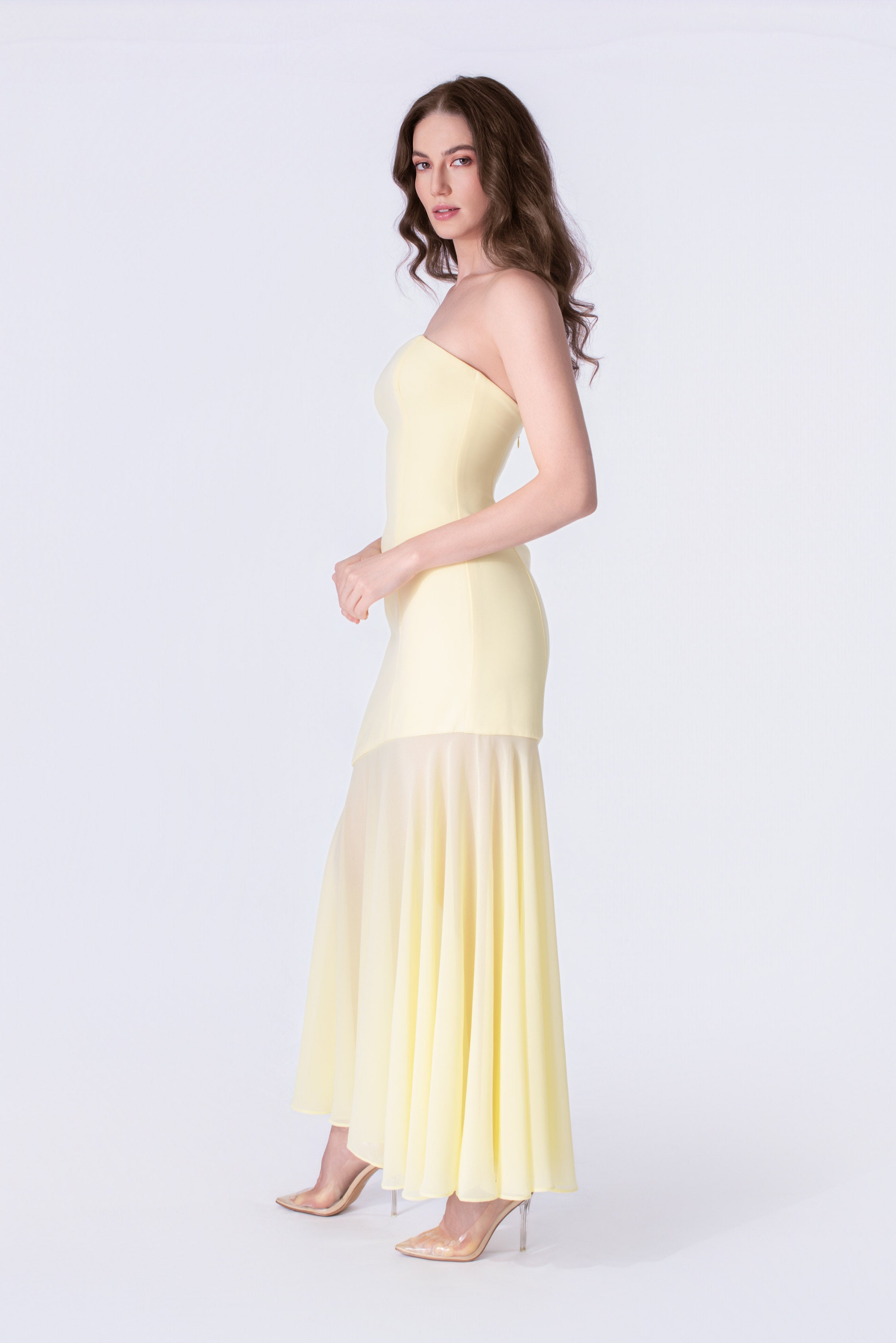 Lemon Sorbet Strapless Asymmetrical Gown