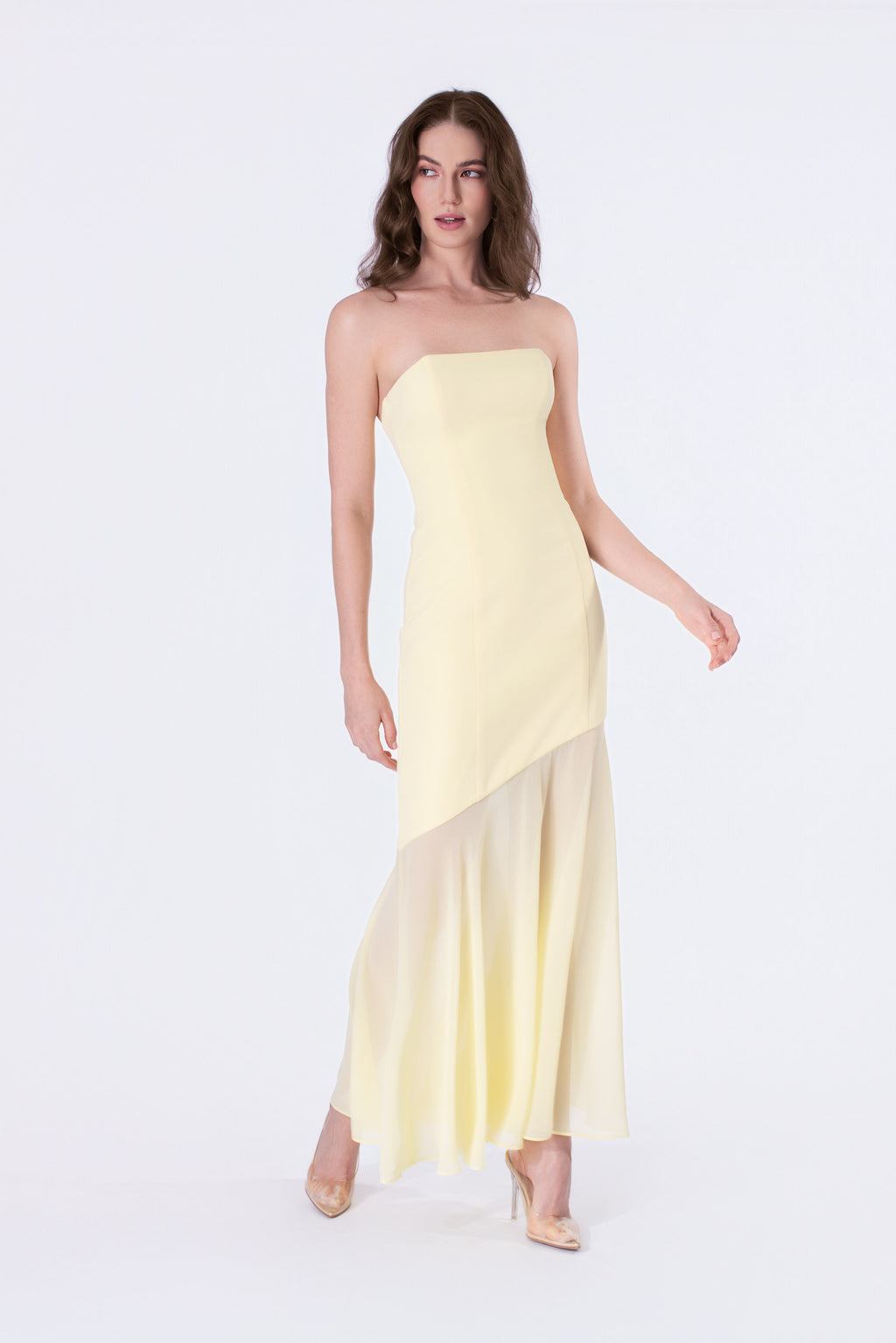 Lemon Sorbet Strapless Asymmetrical Gown