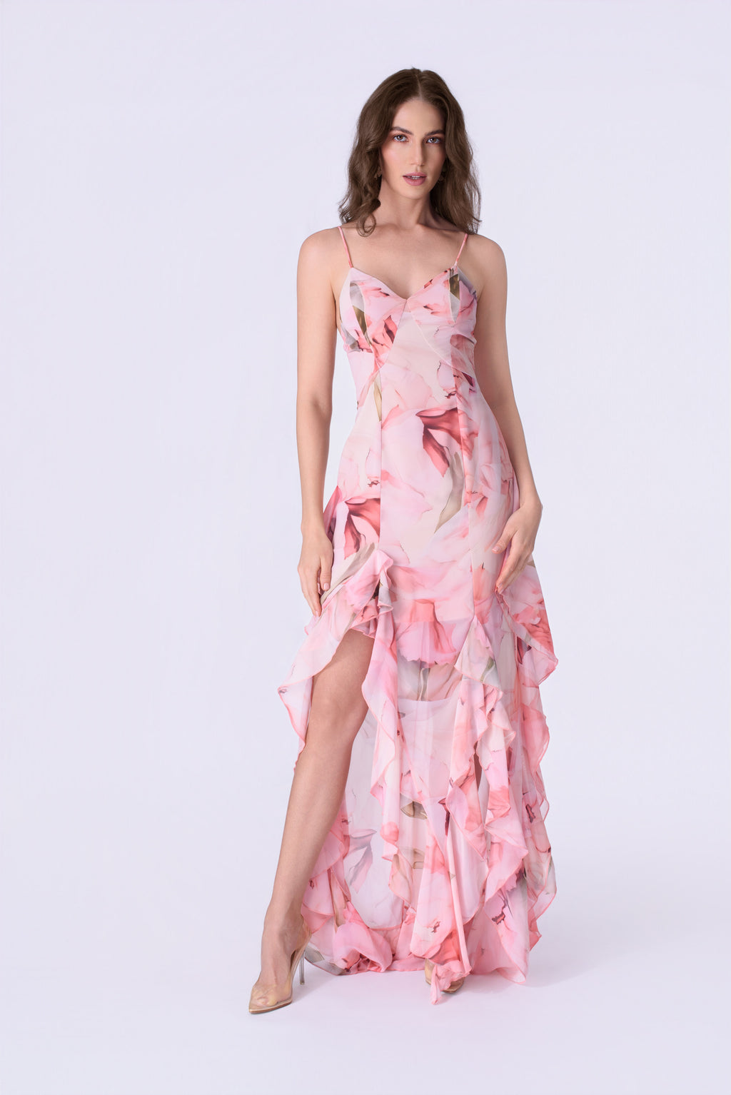 Blush Petal Cascade Ruffled Chiffon Gown