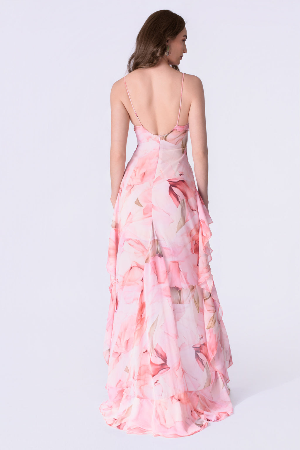 Blush Petal Cascade Ruffled Chiffon Gown