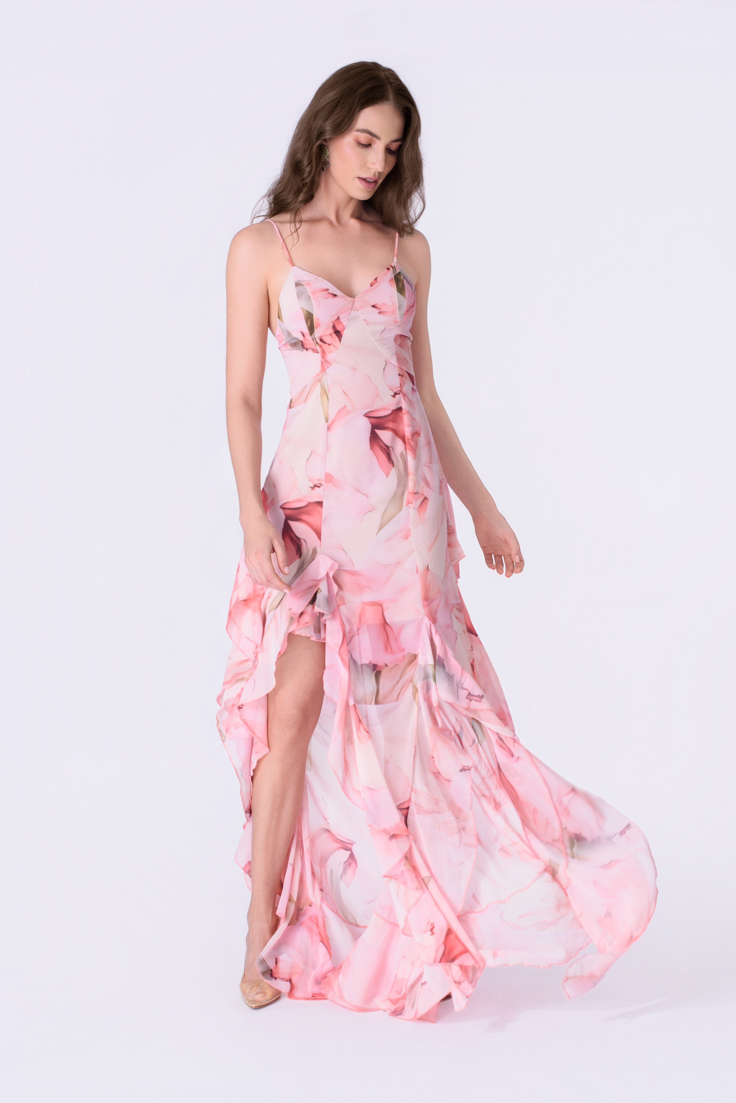 Blush Petal Cascade Ruffled Chiffon Gown – Ziavie