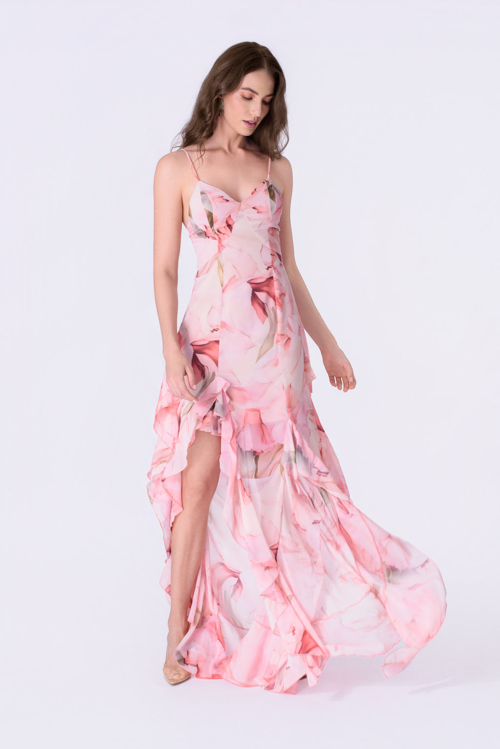 Blush Petal Cascade Ruffled Chiffon Gown