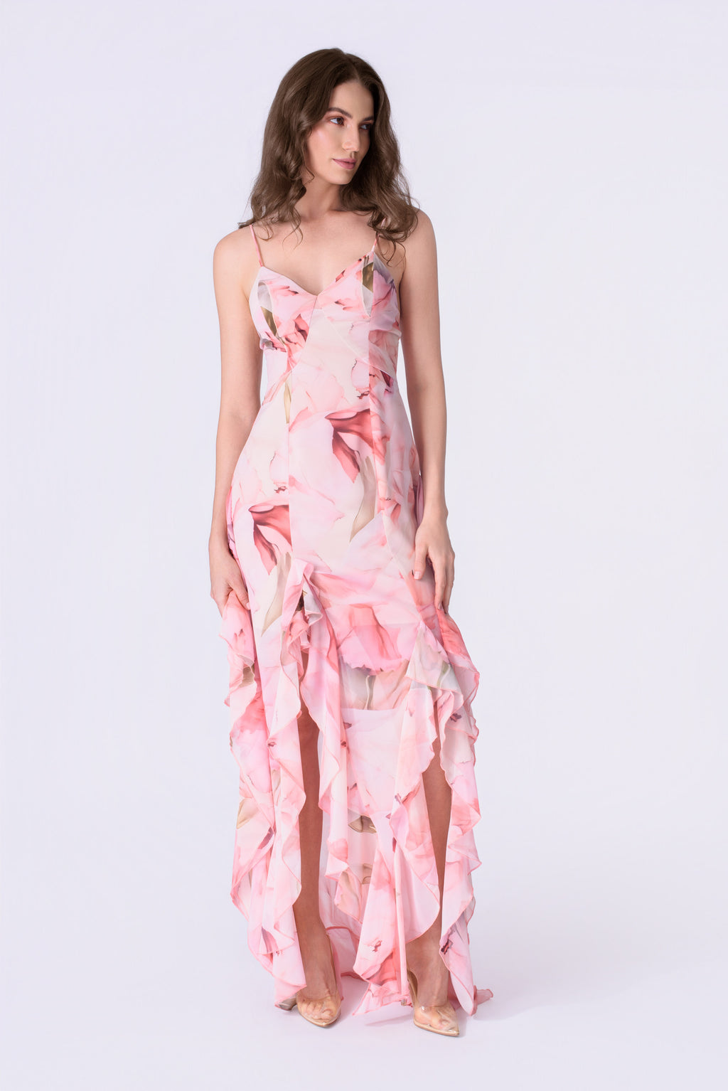 Blush Petal Cascade Ruffled Chiffon Gown