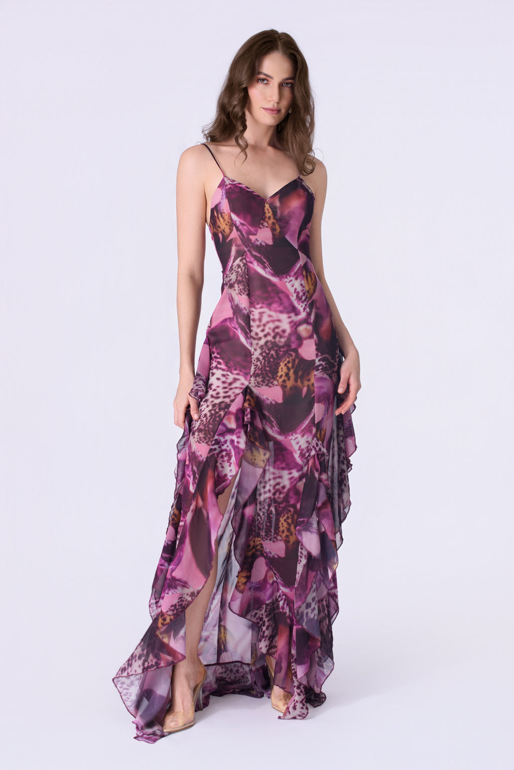 Orchid Mirage Ruffled Chiffon Gown