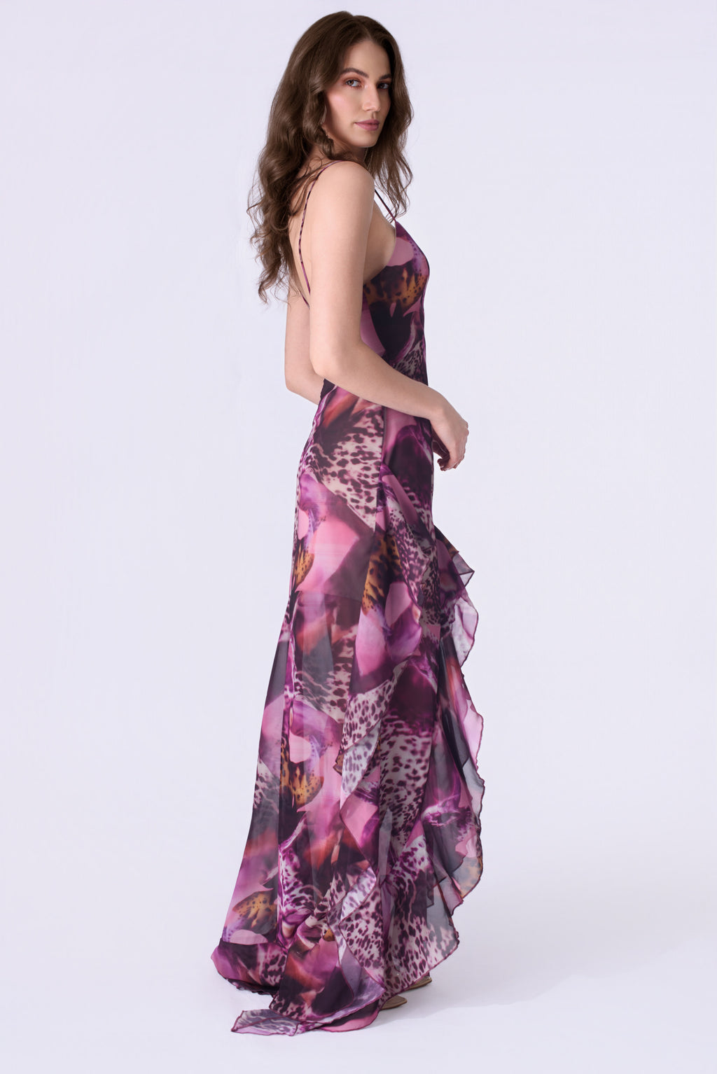 Orchid Mirage Ruffled Chiffon Gown