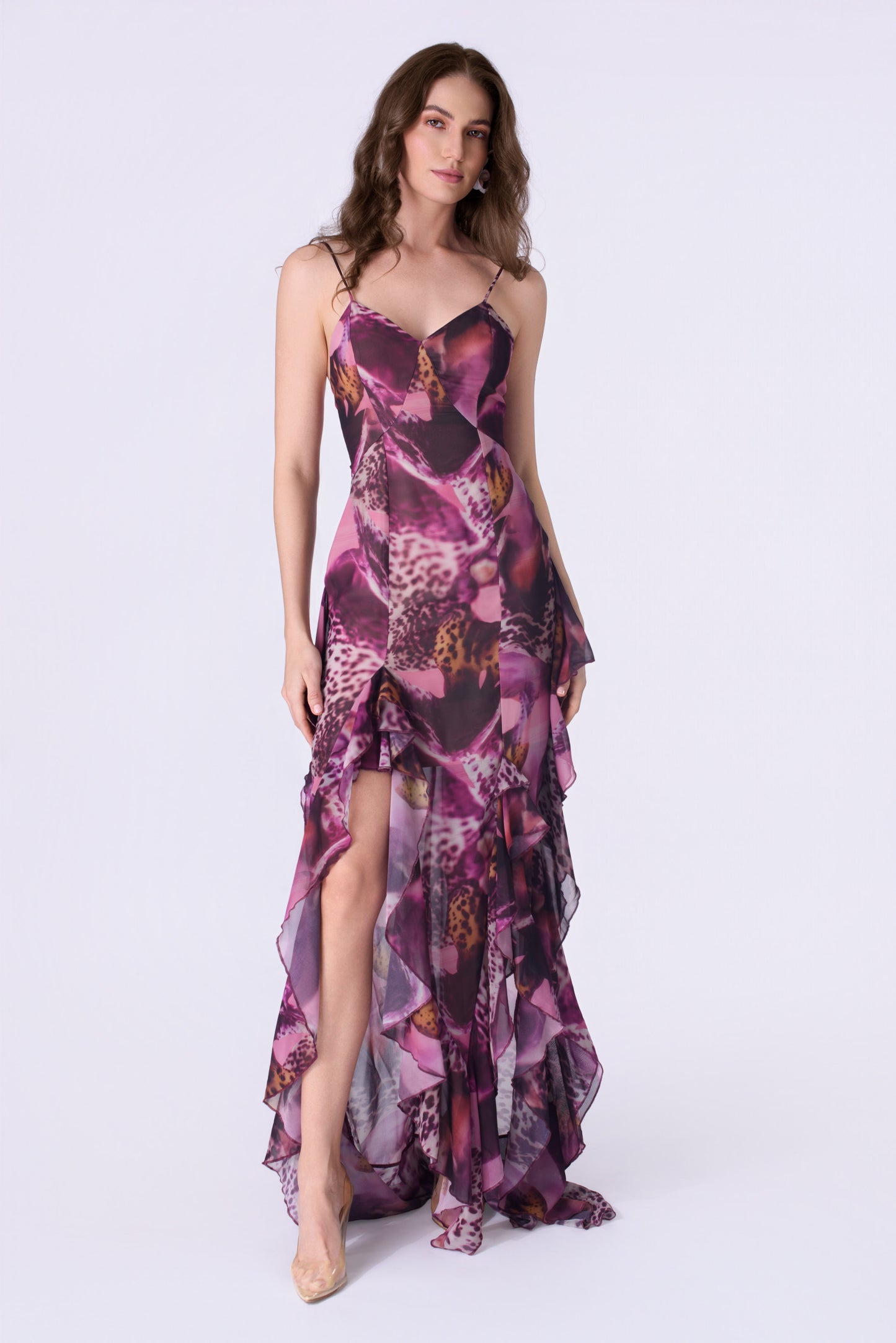 Orchid Mirage Ruffled Chiffon Gown