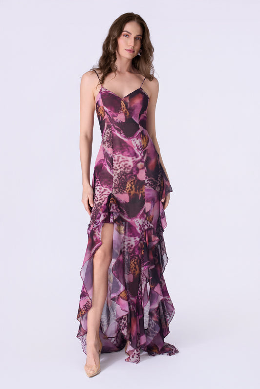 Orchid Mirage Ruffled Chiffon Gown