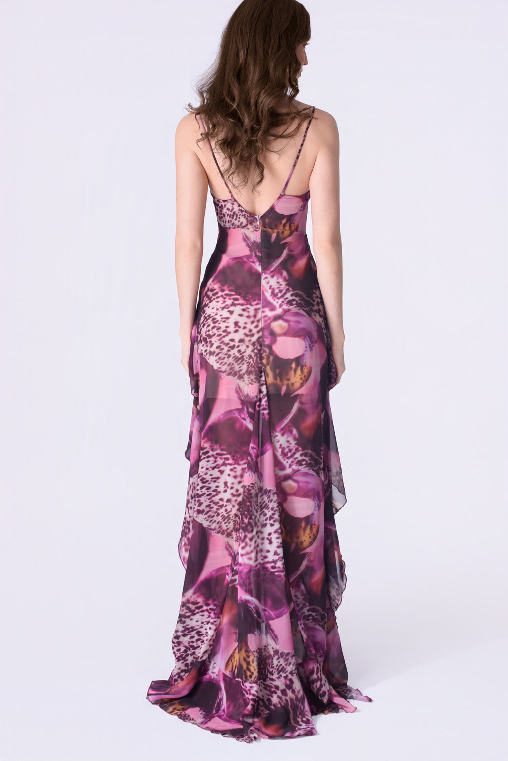 Orchid Mirage Ruffled Chiffon Gown