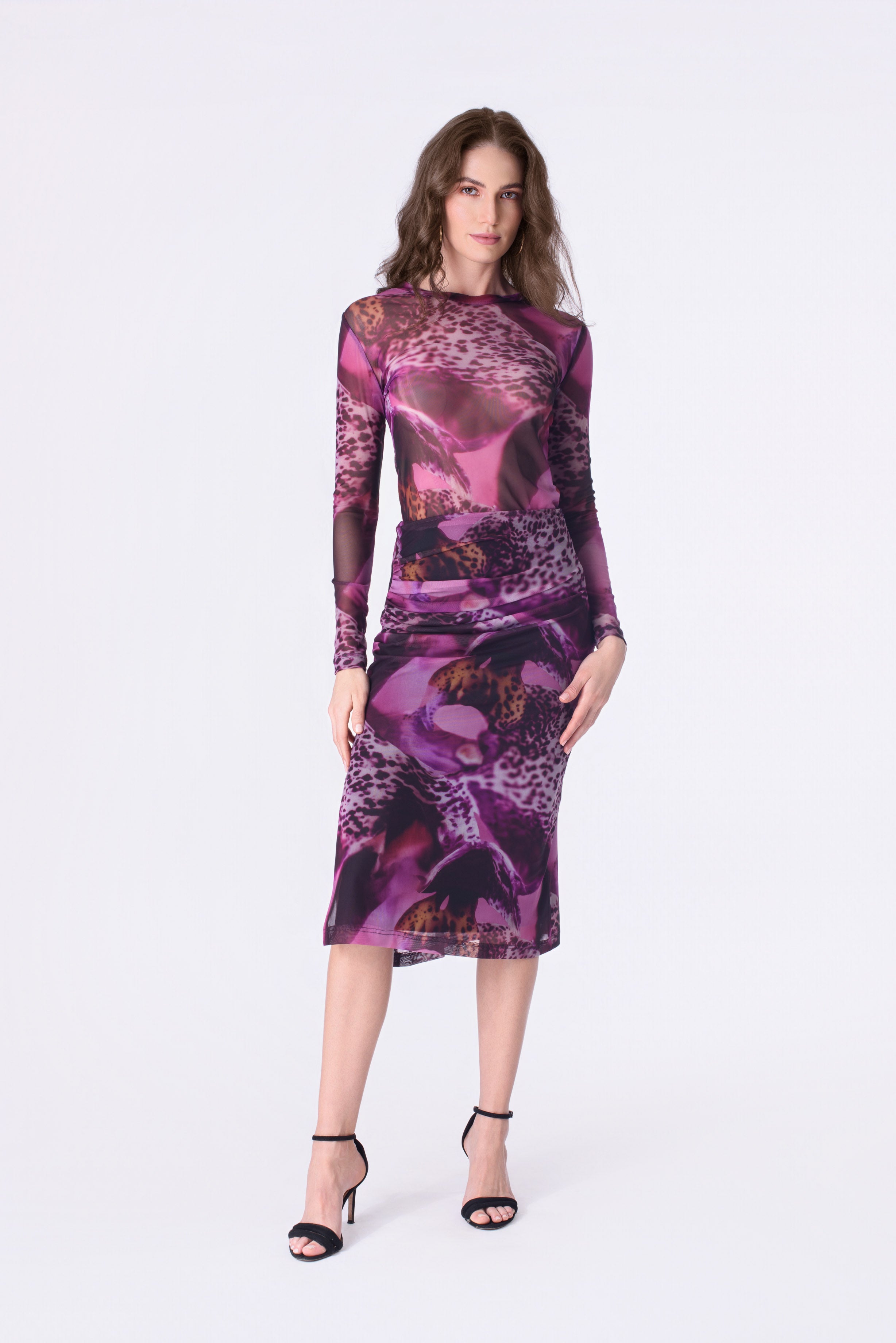 Orchid Leopard Mesh Midi Skirt