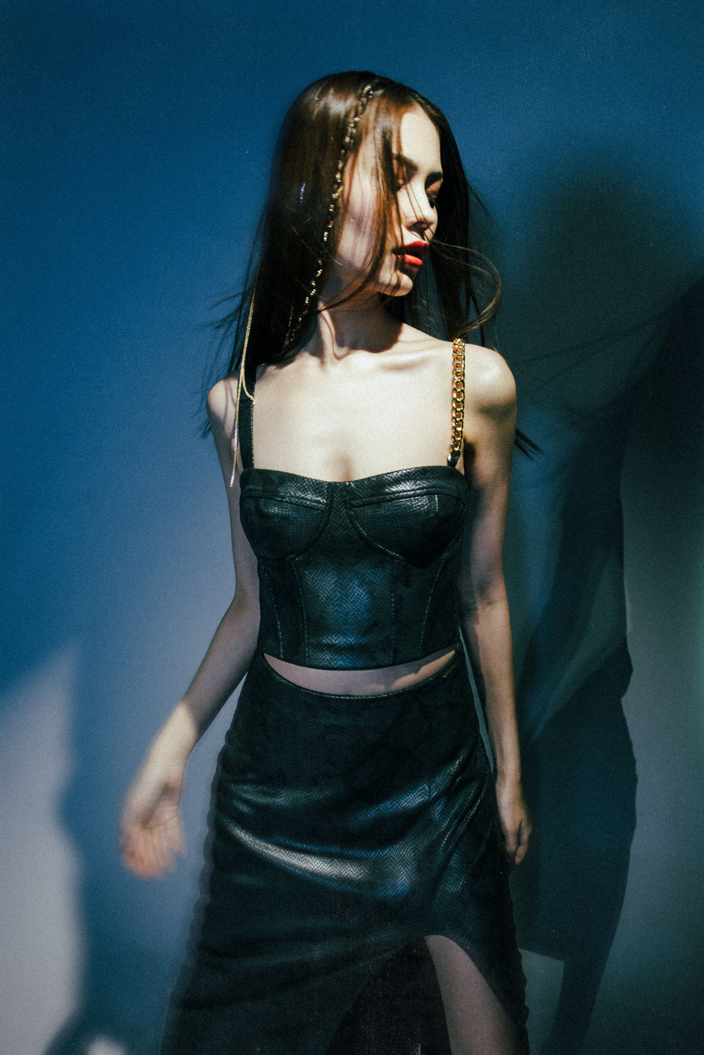 Leather midi skirt - Navy