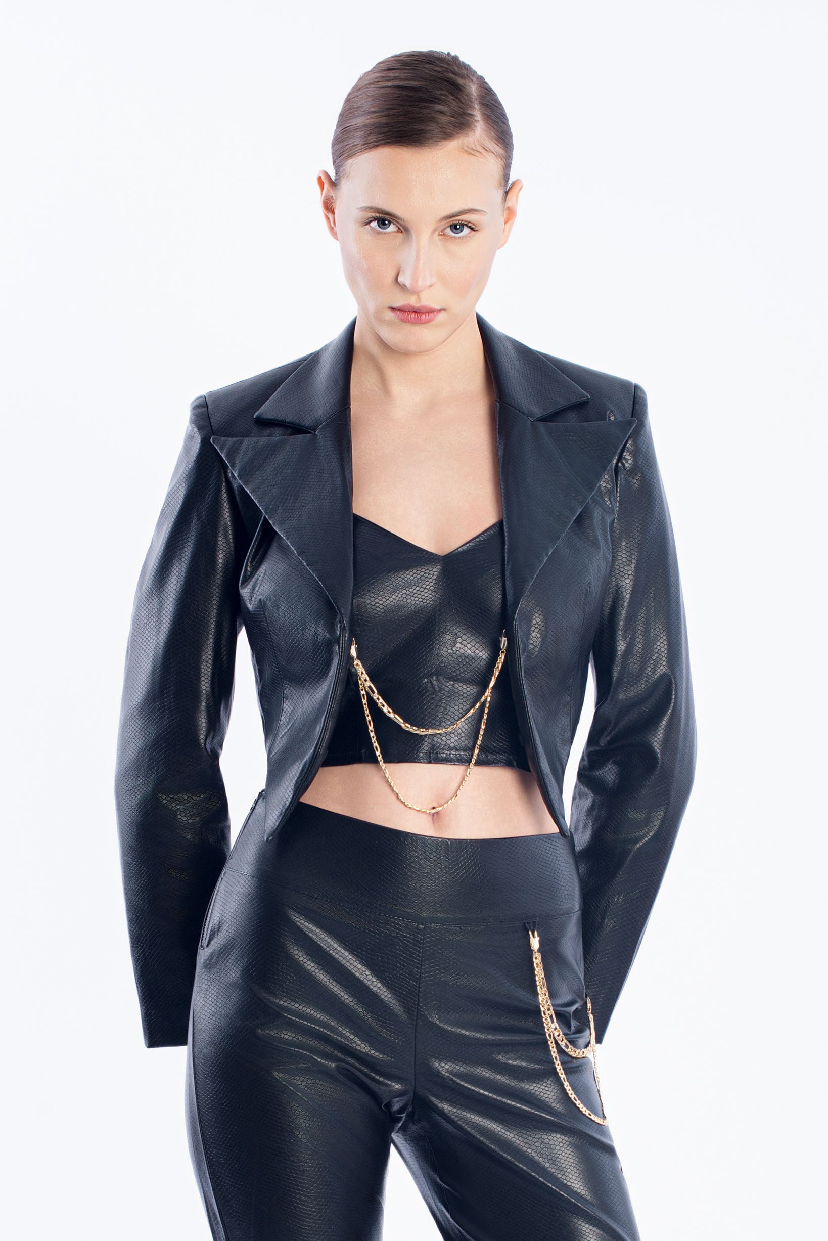 Leather crop blazer - Black