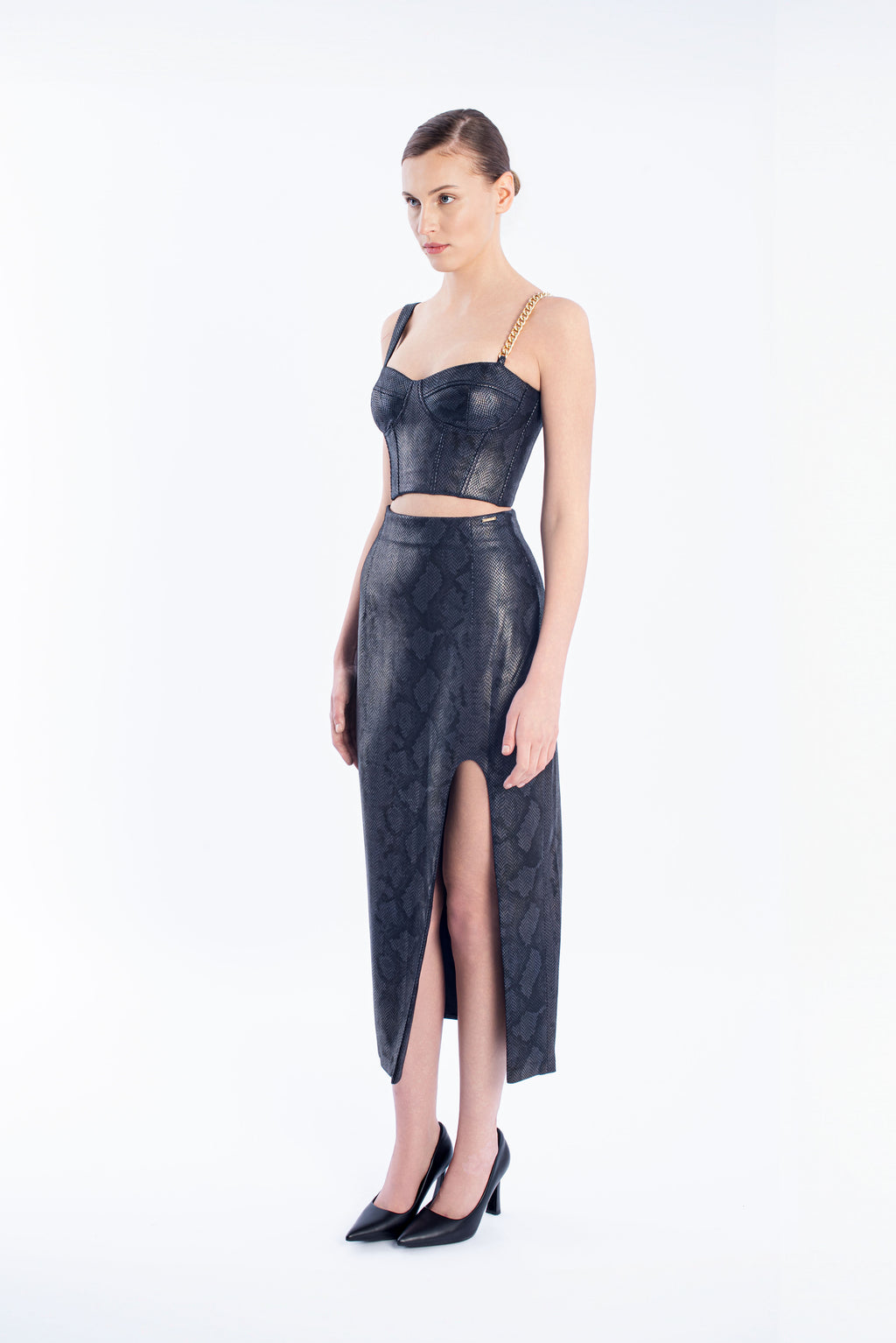 Leather midi skirt - Navy