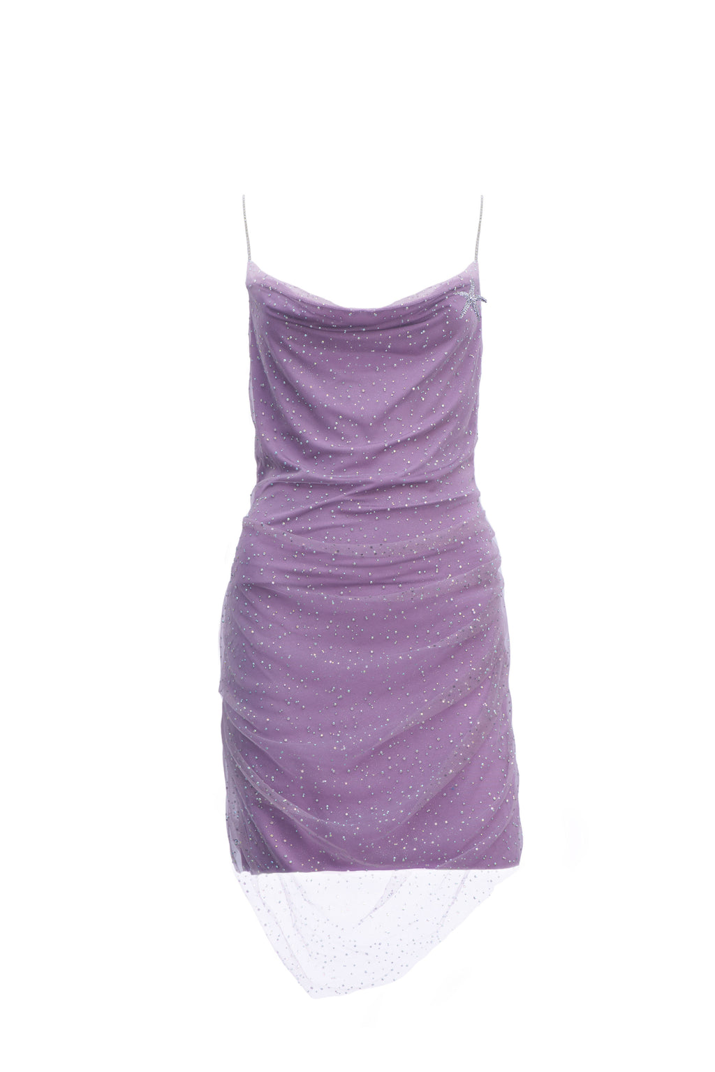 Rhinestone Lavender Party and Festive Dress! Featuring a stunning sparkly starfish brooch and shimmering straps, you'll stand out like a star on the red carpet. Embrace your unique style in this unforgettable dress.