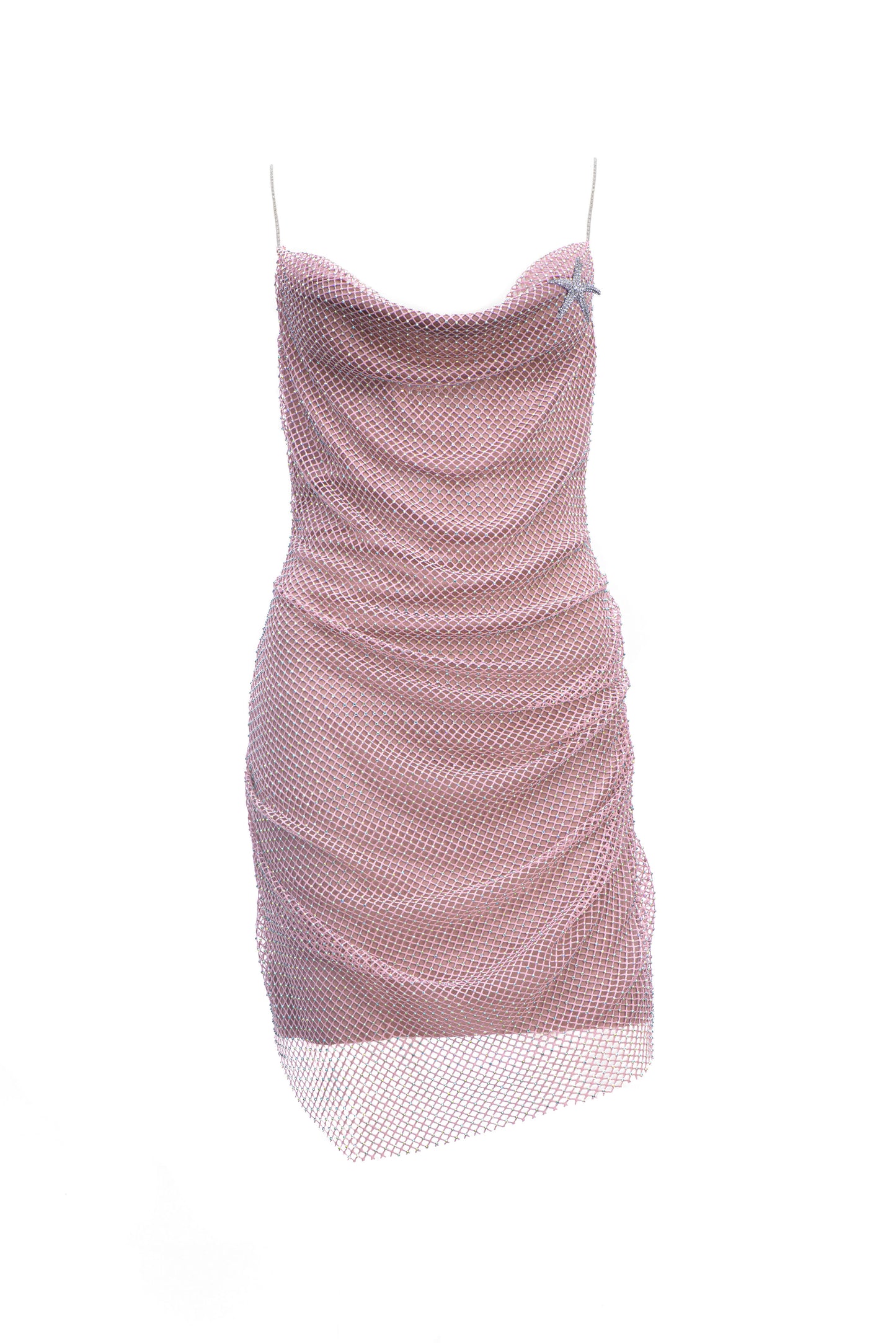 Rhinestone pink party and festive dress that has a sparkly starfish brooch, with  shimmering straps that makes you look unique just like on the red carpet.