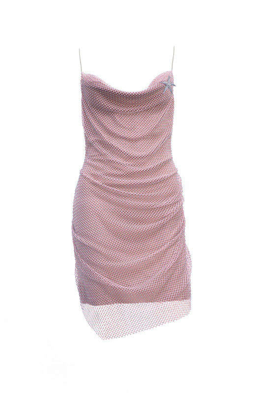 Rhinestone pink party and festive dress that has a sparkly starfish brooch, with  shimmering straps that makes you look unique just like on the red carpet.