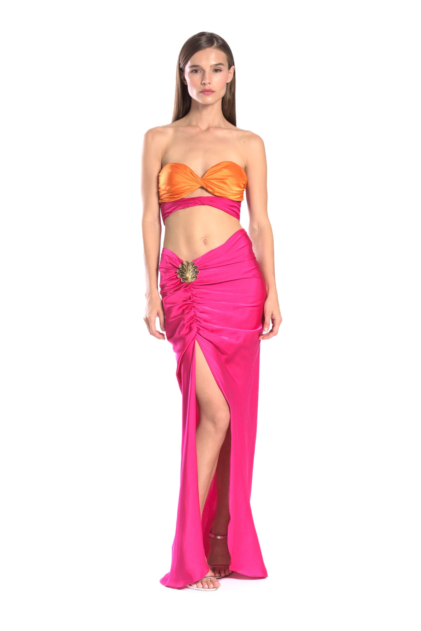 Two color twisted silk tube top - Orange/ Fuchsia