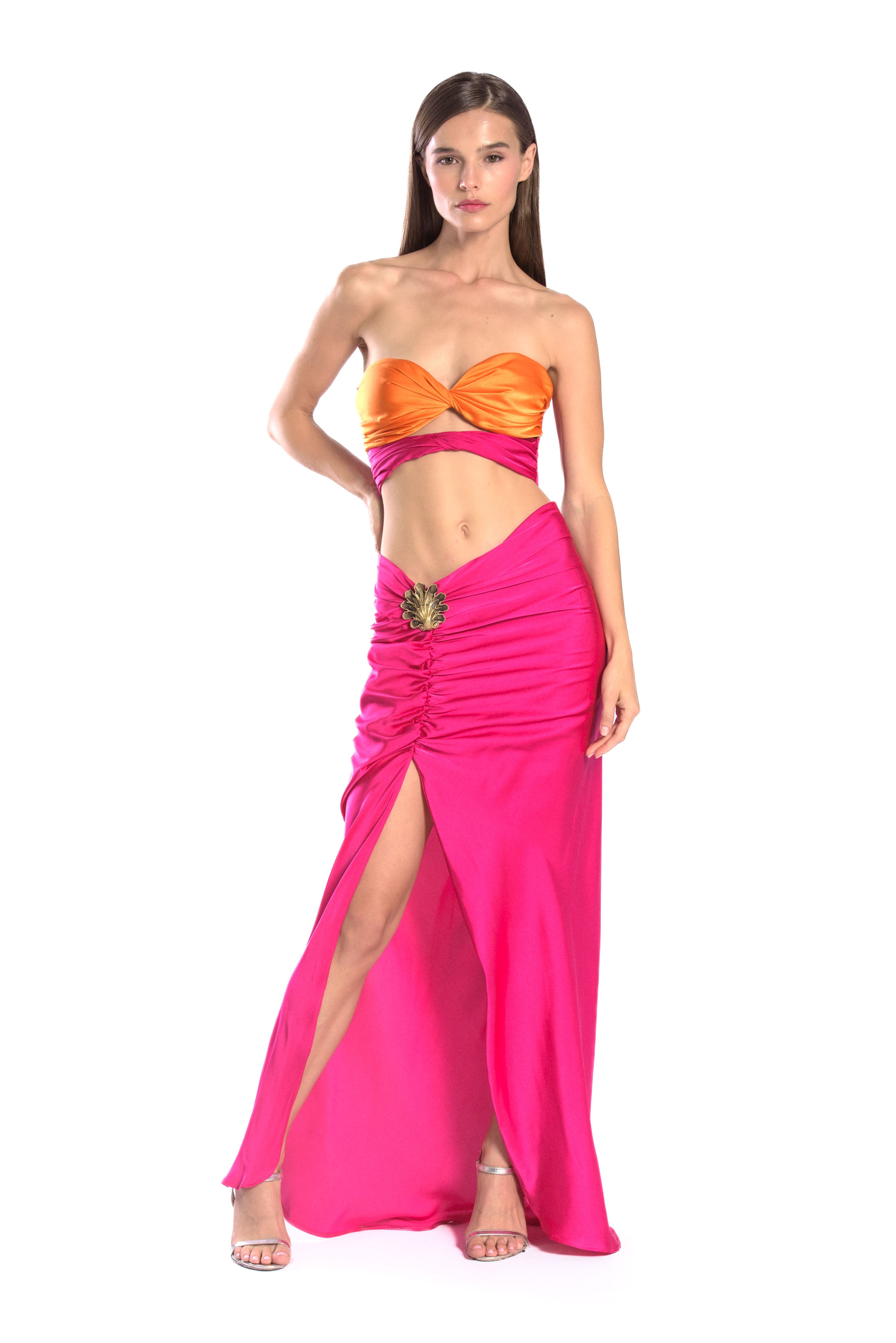 Seashell brooch silk skirt - Fuchsia