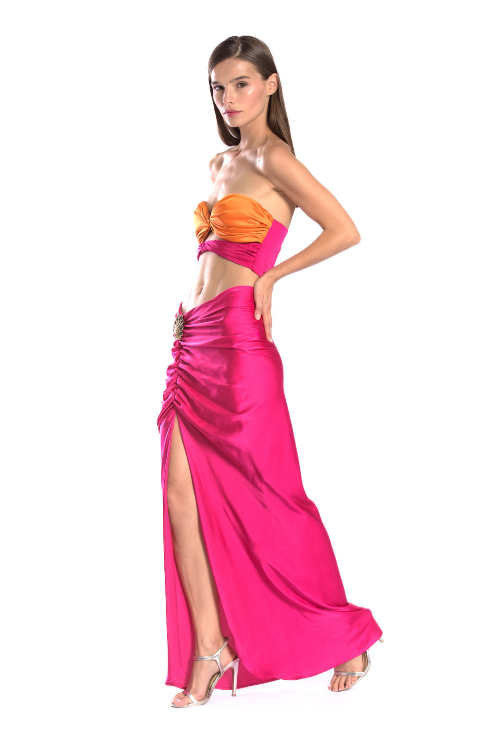 Seashell brooch silk skirt - Fuchsia