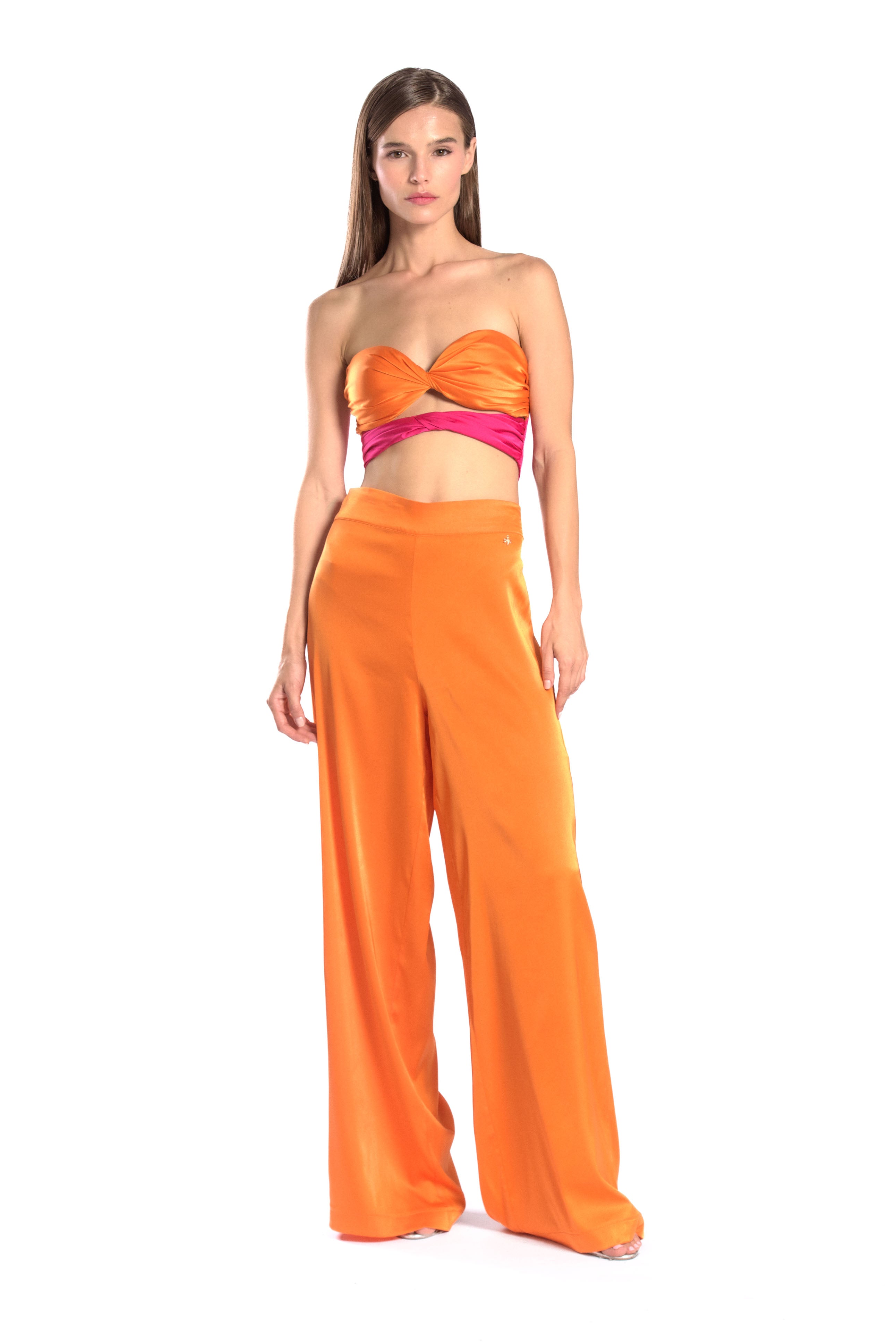 Two color twisted silk tube top - Orange/ Fuchsia