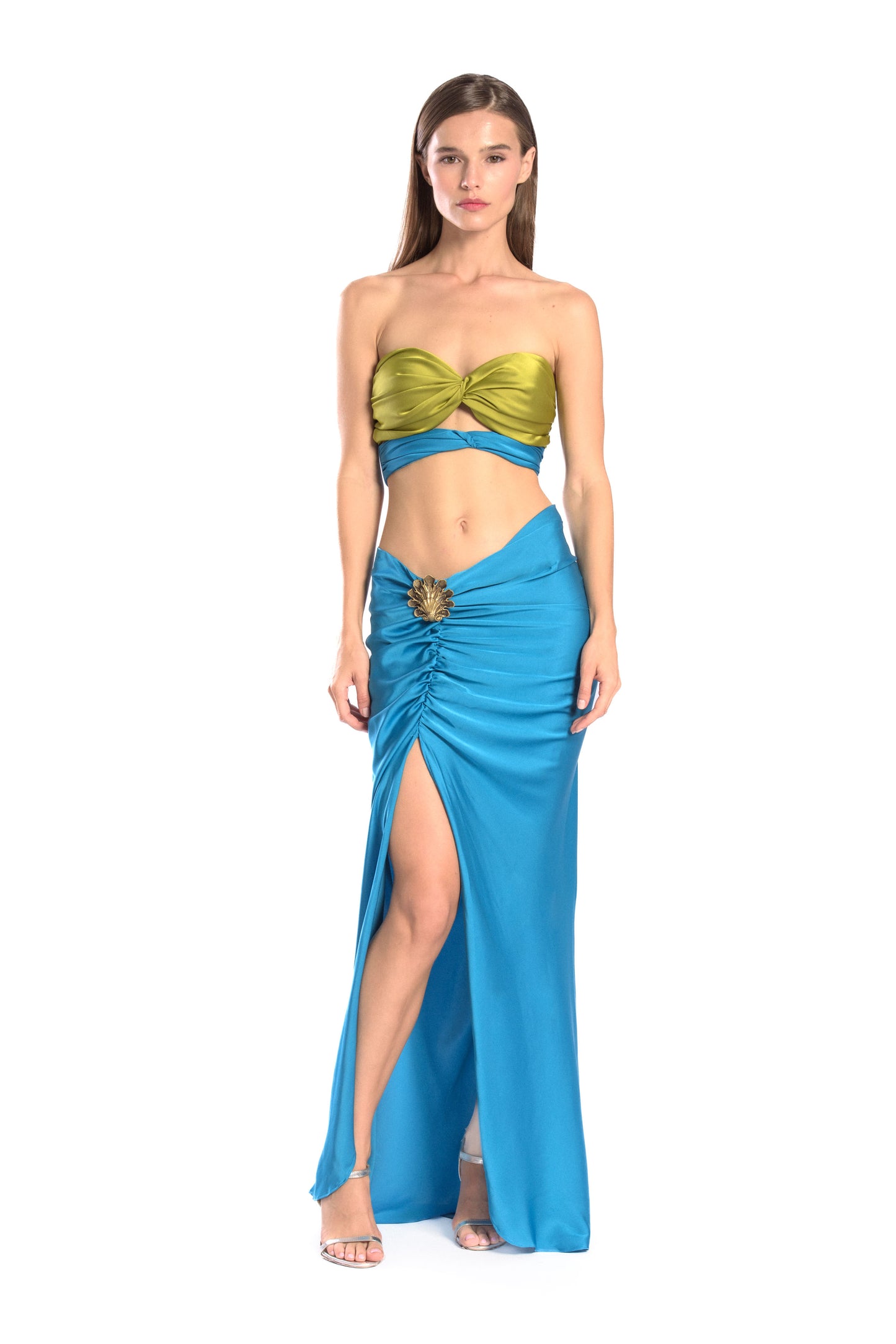 Seashell brooch silk skirt - Blue
