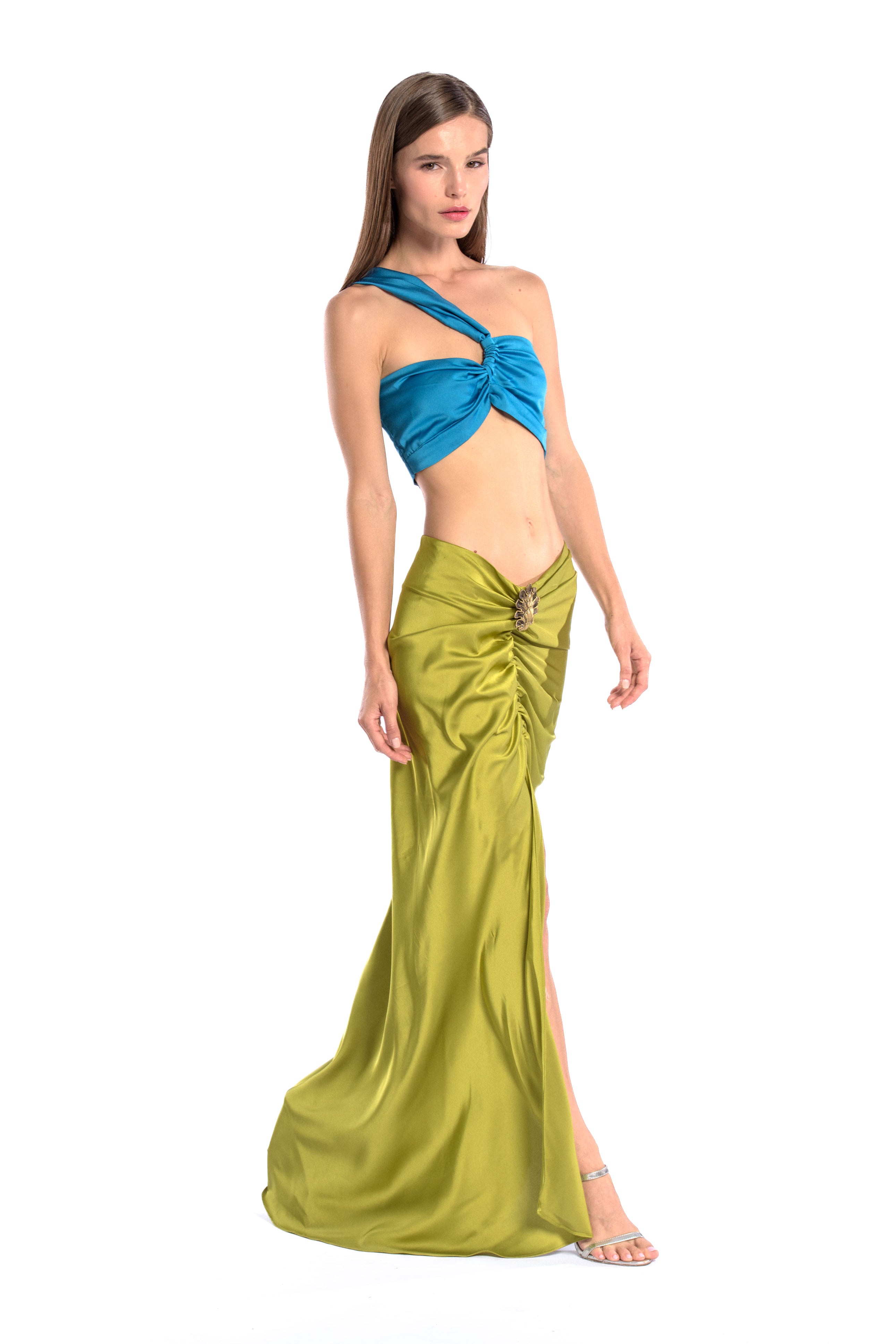 Seashell brooch silk skirt - Olive