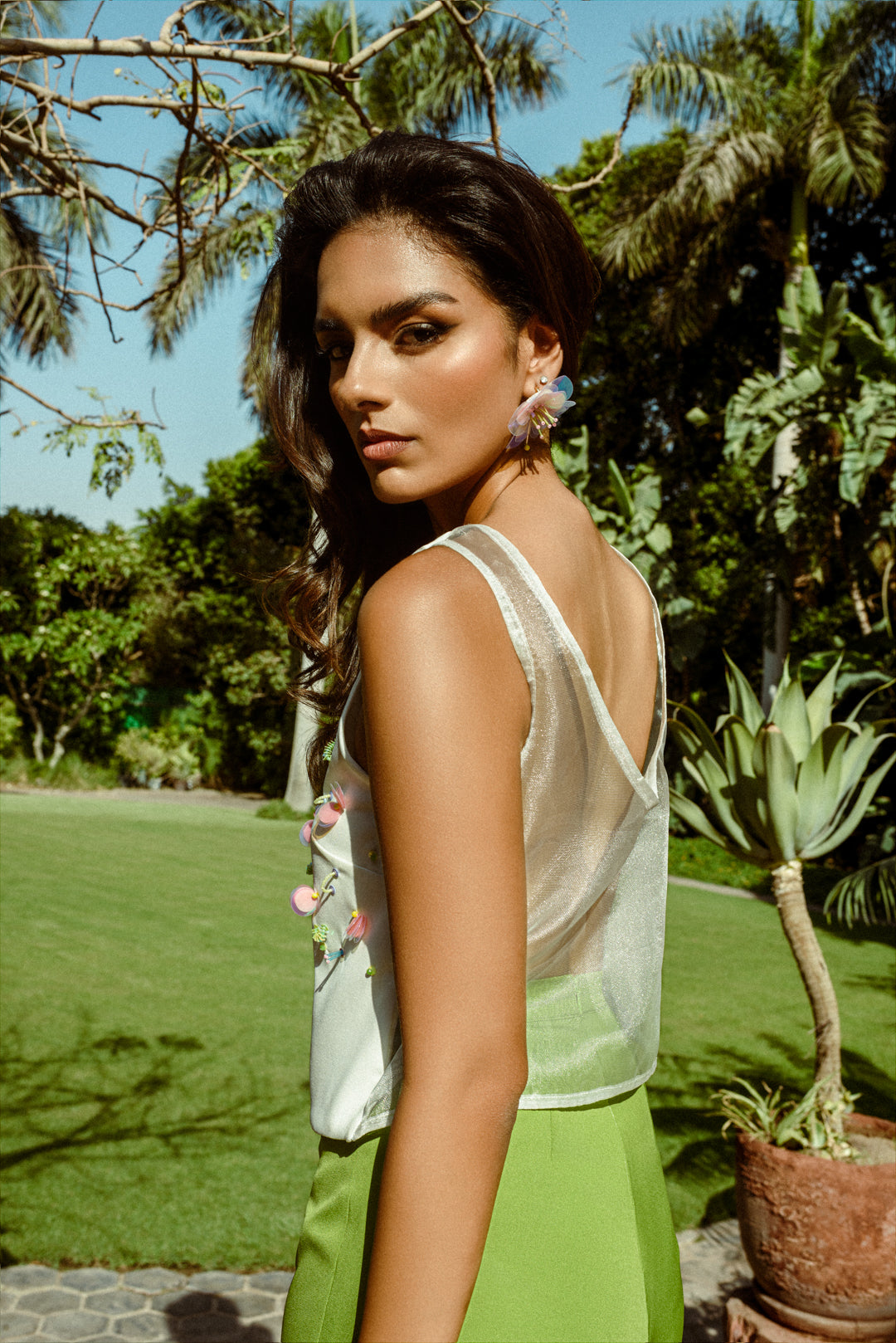 Hand beaded top with transparent organza back