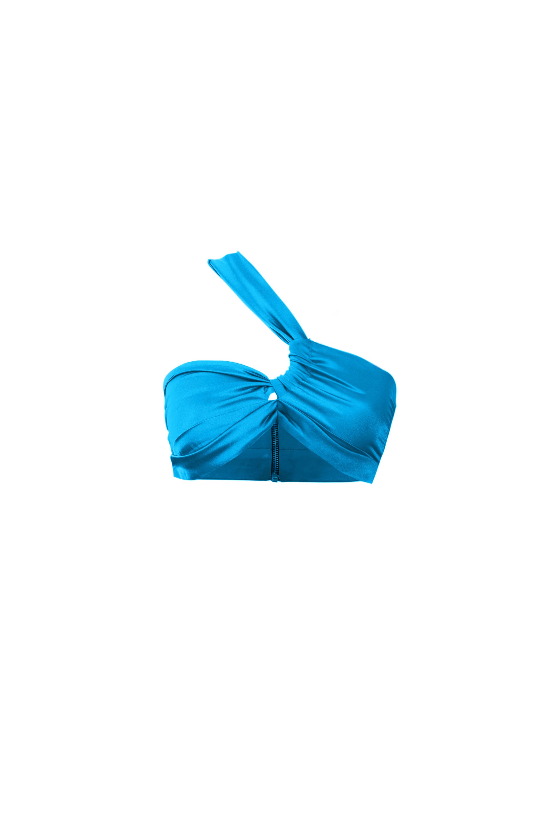 Product shot of a silk cross shoulder crop top in blue 