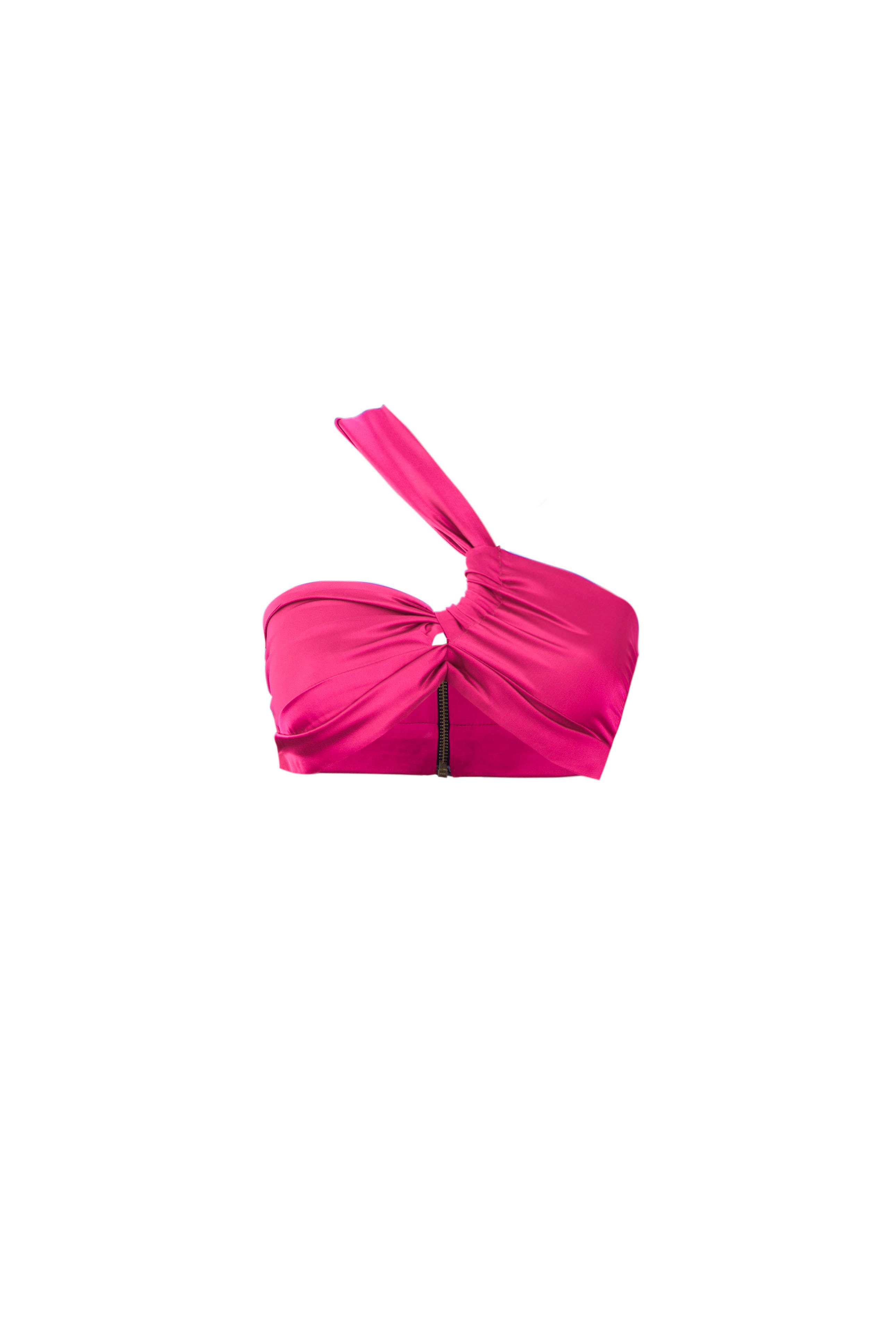 Product shot of a silk cross shoulder crop top in hot pink or fuchsia with back firefly logo golden zipper 