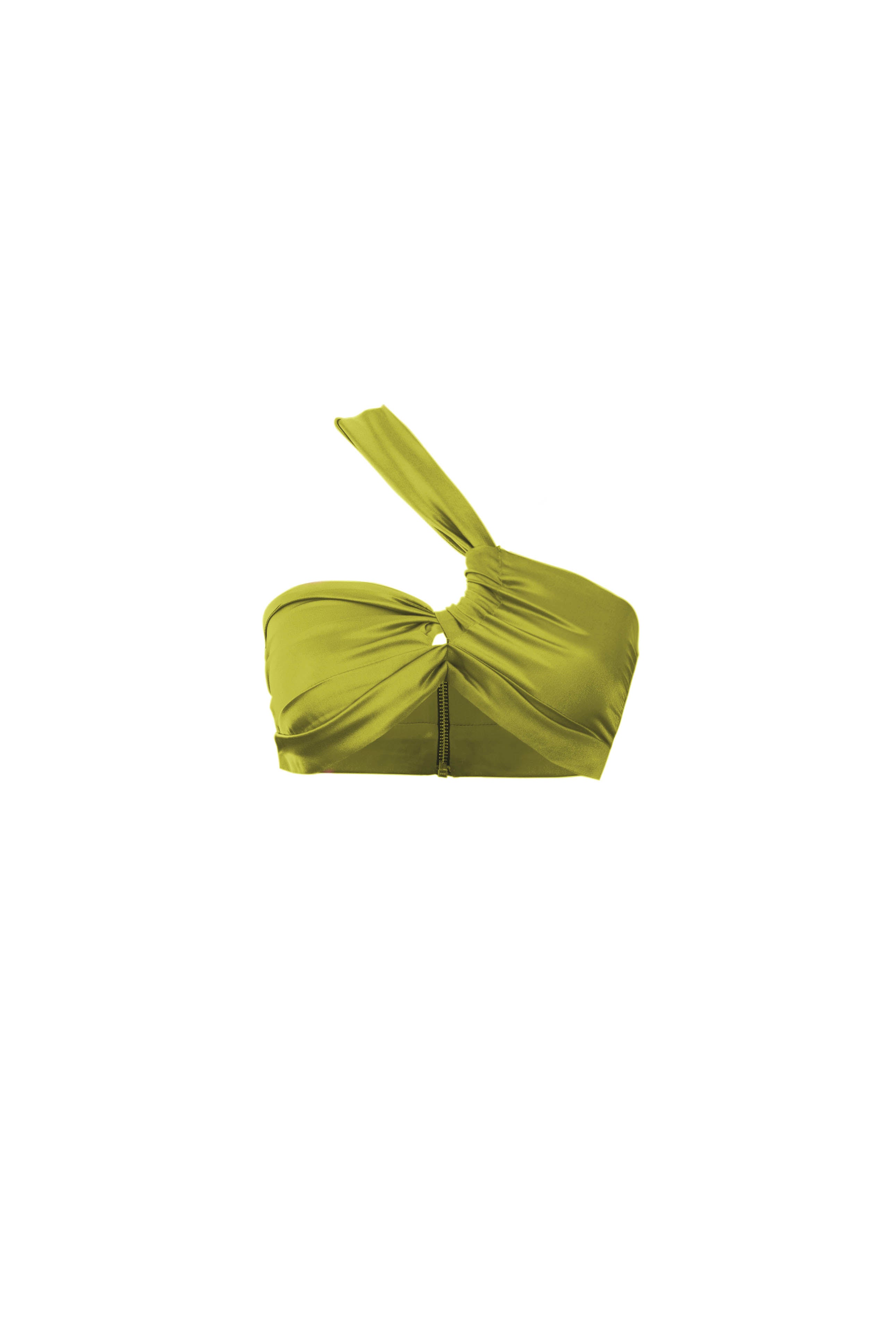 Product shot of a silk cross shoulder crop top in olive with back firefly logo golden zipper 