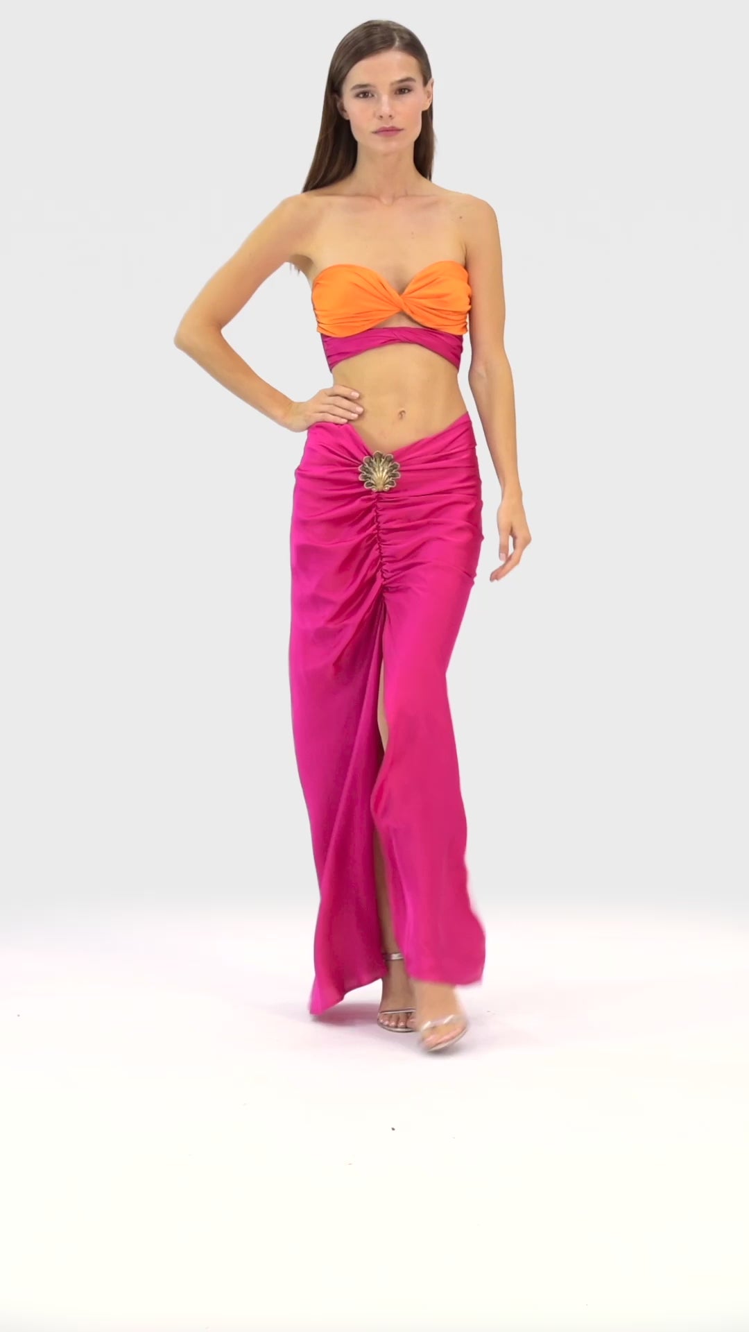 Two color twisted silk tube top - Orange/ Fuchsia