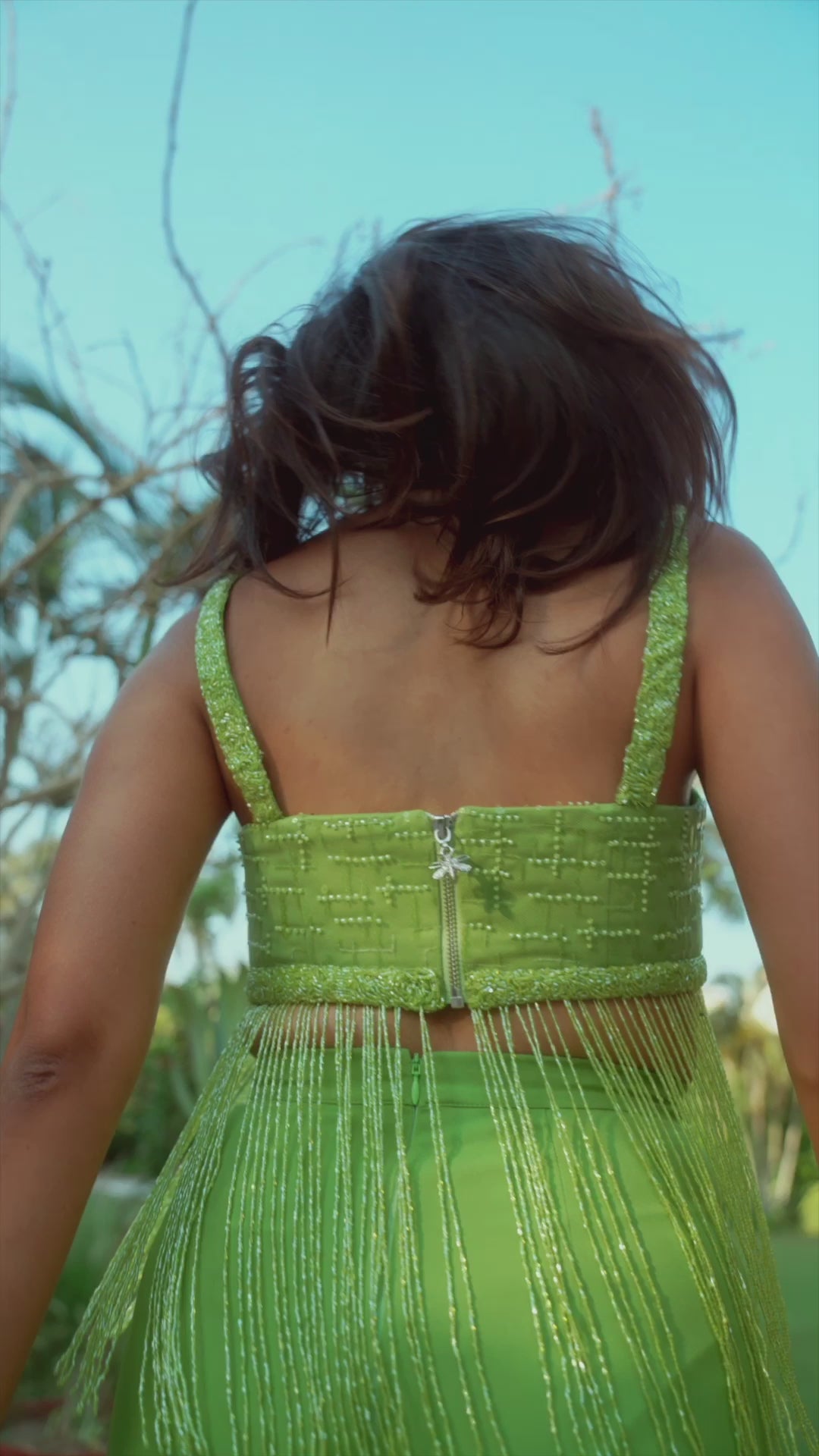 Green beaded fringes top