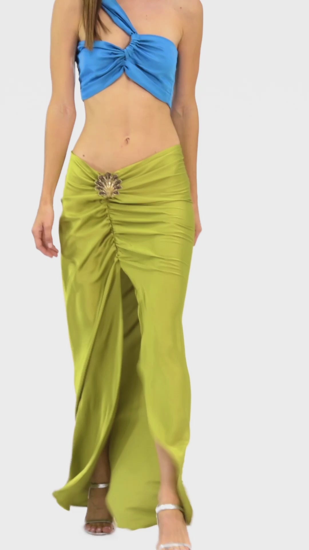 Seashell brooch silk skirt - Olive
