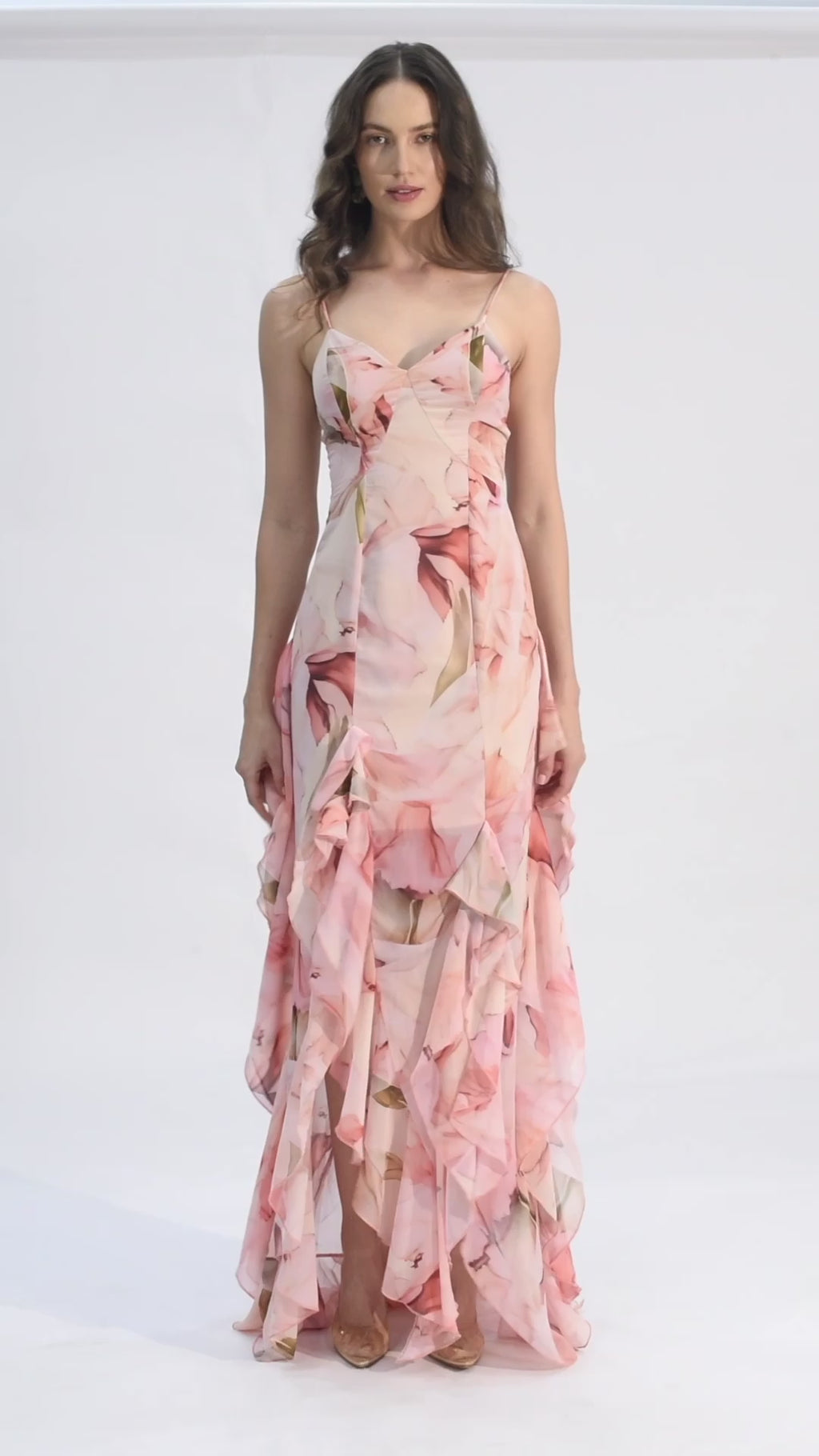 Blush Petal Cascade Ruffled Chiffon Gown