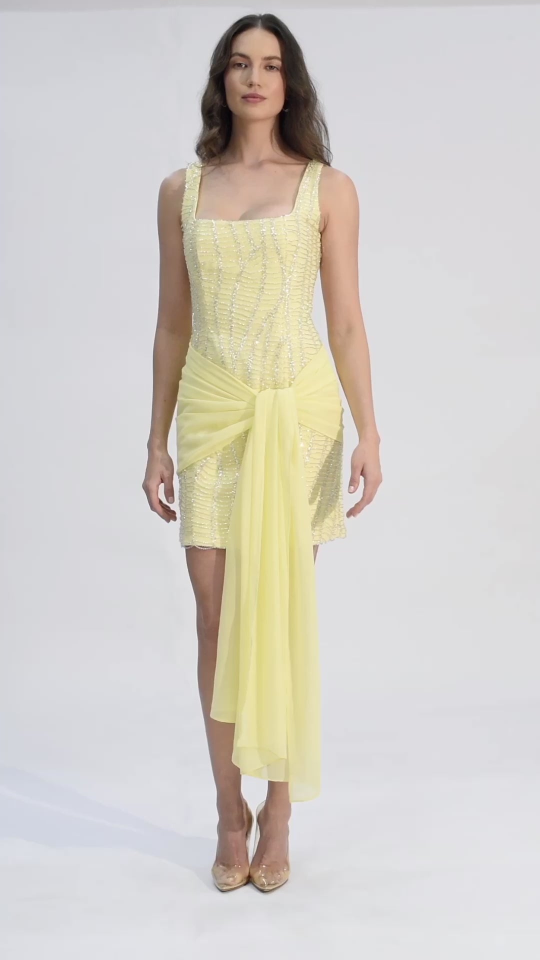 Lemon Sequin Mini Dress with Chiffon Drape